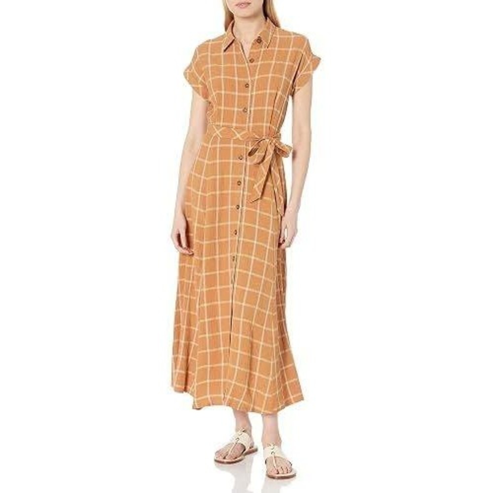 Calvin Klein Maxi Dress Women 8 Mustard Plaid Button Down Short Sleeve NWOT